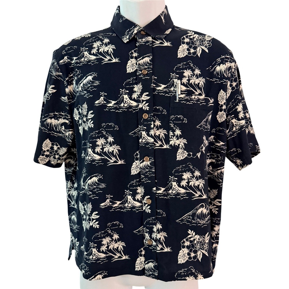 Tailor Vintage Hawaiian Shirt M Navy Blue Tropical Island Print Stretch Aloha